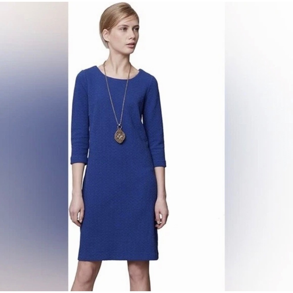 Ganni Women Medium Lousa Textured Knit Shift Dress Blue 3/4 Sleeve Office Luxury